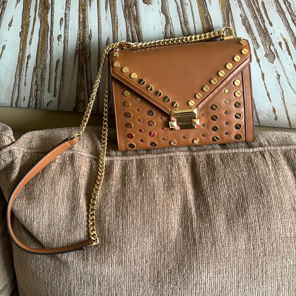Gold Studded Michael Kors Leather Crossbody Bag, with Gold Hardware